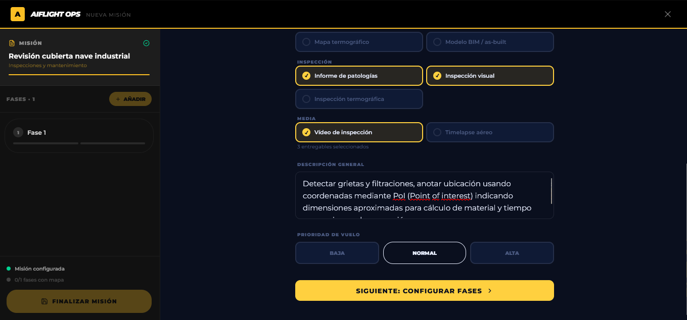 Configuración de entregables y descripción de misión en AIFlightOps