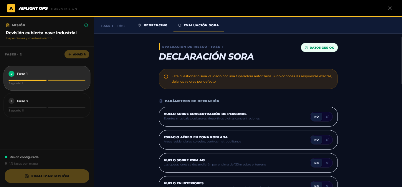 Declaración SORA y evaluación de riesgo operacional en AIFlightOps