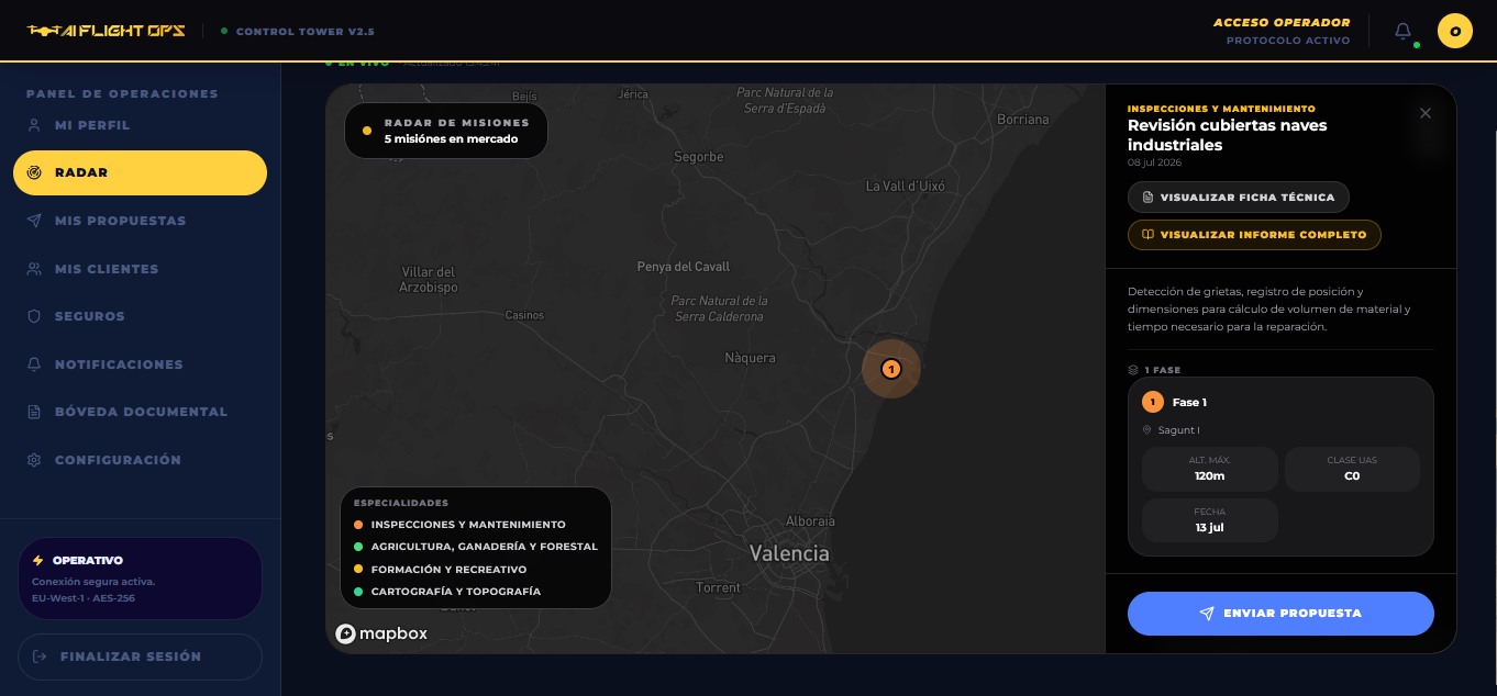 Radar de misiones disponibles para operadores certificados en AIFlightOps