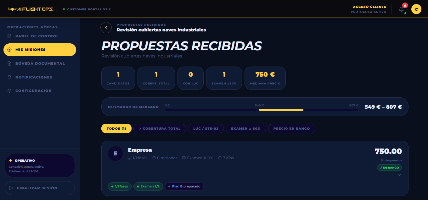 Pantalla de propuestas recibidas de operadores certificados AESA en AIFlightOps